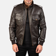 Men's Agent Shadow Marrone Bomber in Pelle da Uomo in Brown Sheepskin Leather - Vista frontale e linea su misura | Acquista online