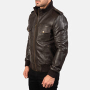 Brown Sheepskin Leather Bomber Jacket - Vista posteriore Showing Tailored Shoulder Fit &amp; Clean Hemline