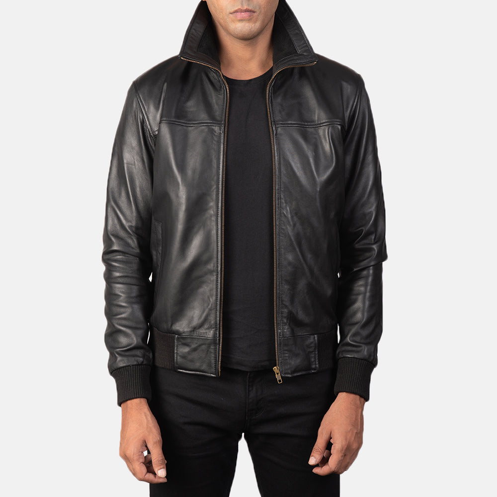 Men's Air Rolf Nero Bomber in Pelle da Uomo in Black Sheepskin Leather - Vista frontale e linea su misura | Acquista online