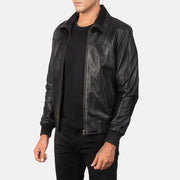 Black Sheepskin Leather Bomber Jacket - Vista posteriore Showing Tailored Shoulder Fit &amp; Clean Hemline