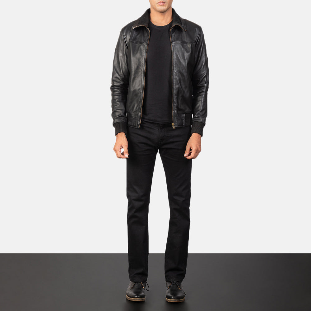 Men's Air Rolf Nero Bomber in Pelle da Uomo - Lateral Side Profile View Showing Sleeve Cut &amp; Athletic Taper Fit