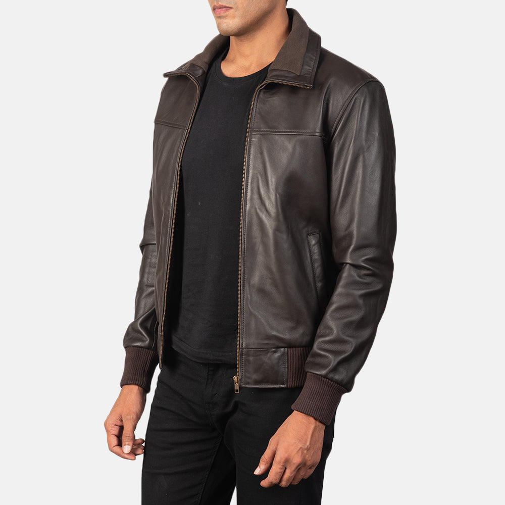 Dark Brown Sheepskin Leather Bomber Jacket - Vista posteriore Showing Tailored Shoulder Fit &amp; Clean Hemline