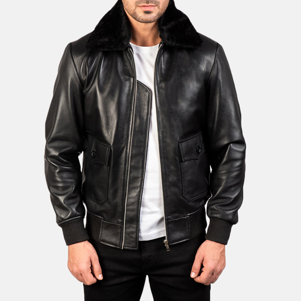 Men's Airin G-1 Nero Bomber in Pelle da Uomo in Black Sheepskin Leather - Vista frontale e linea su misura | Acquista online