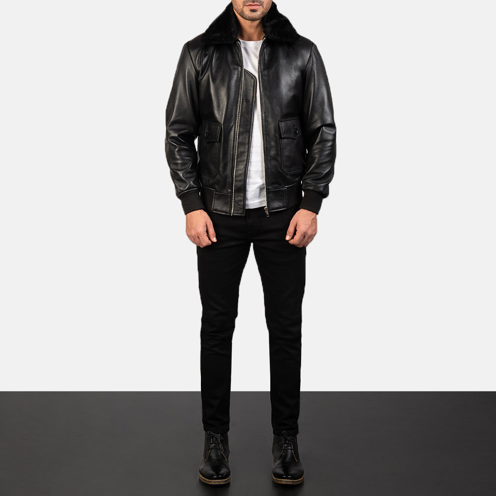 Men's Airin G-1 Nero Bomber in Pelle da Uomo - Lateral Side Profile View Showing Sleeve Cut &amp; Athletic Taper Fit