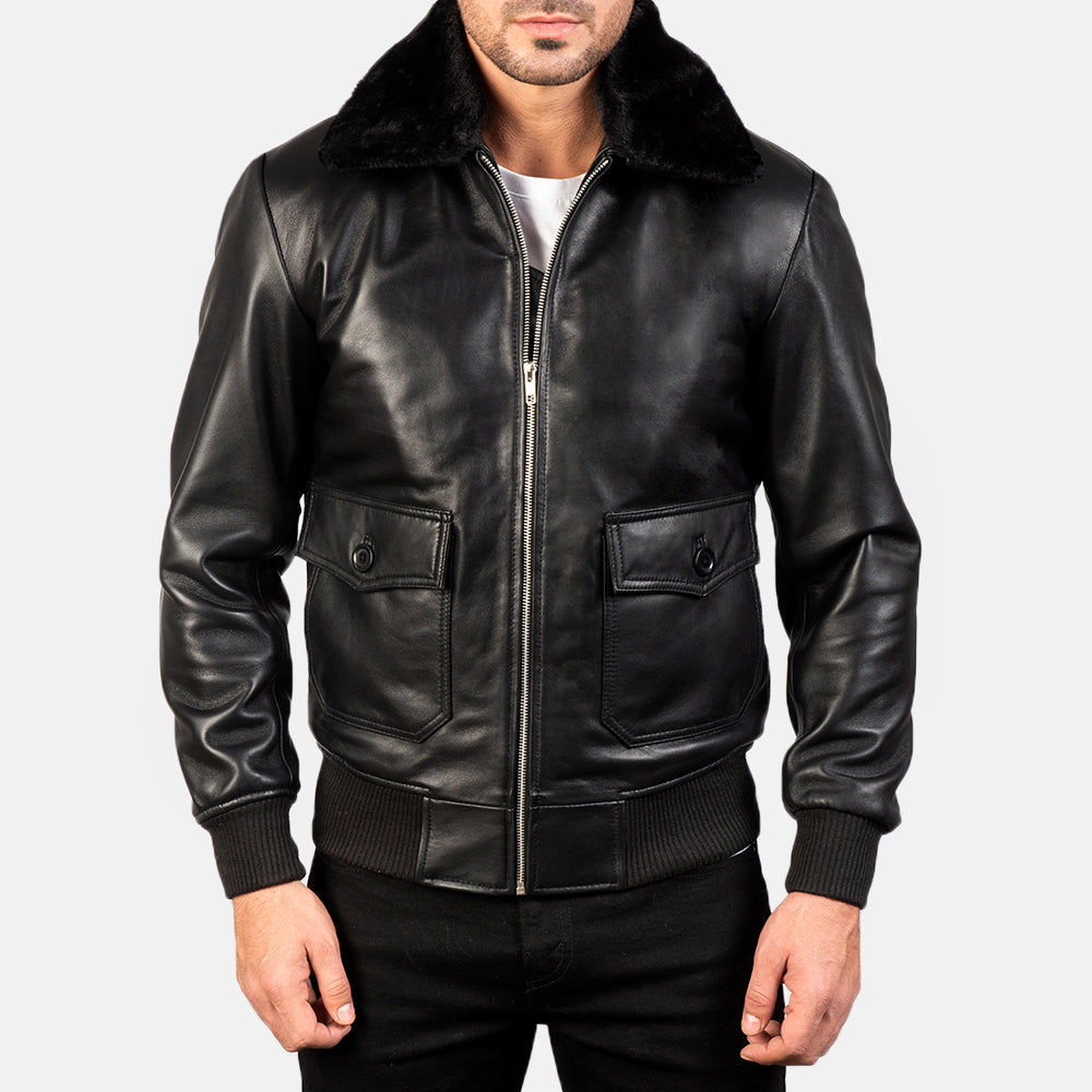 Dettaglio ravvicinato of Shirt with Removable Fur &amp; Zipper Hardware on Men's Airin G-1 Nero Bomber in Pelle da Uomo