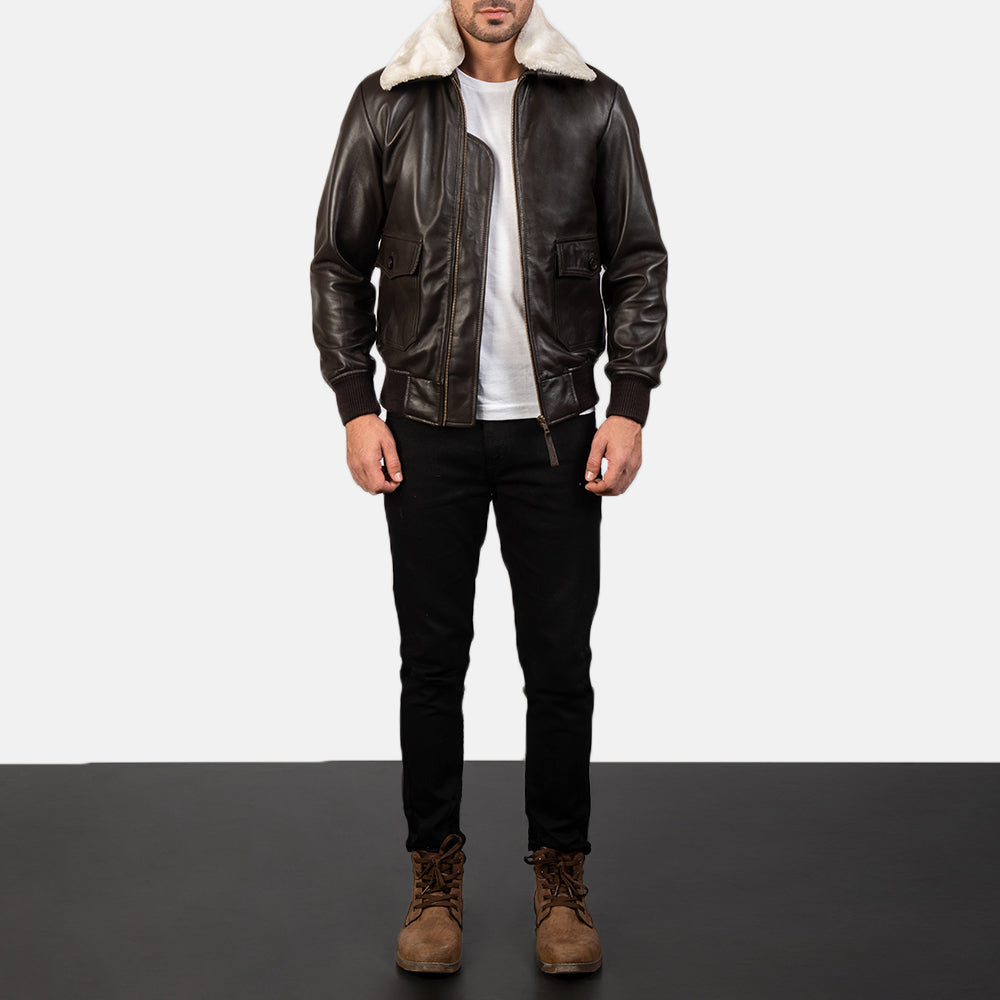 Men's Airin G-1 Brown Leather Bomber Jacket - Lateral Side Profile View Showing Sleeve Cut & Athletic Taper Fit