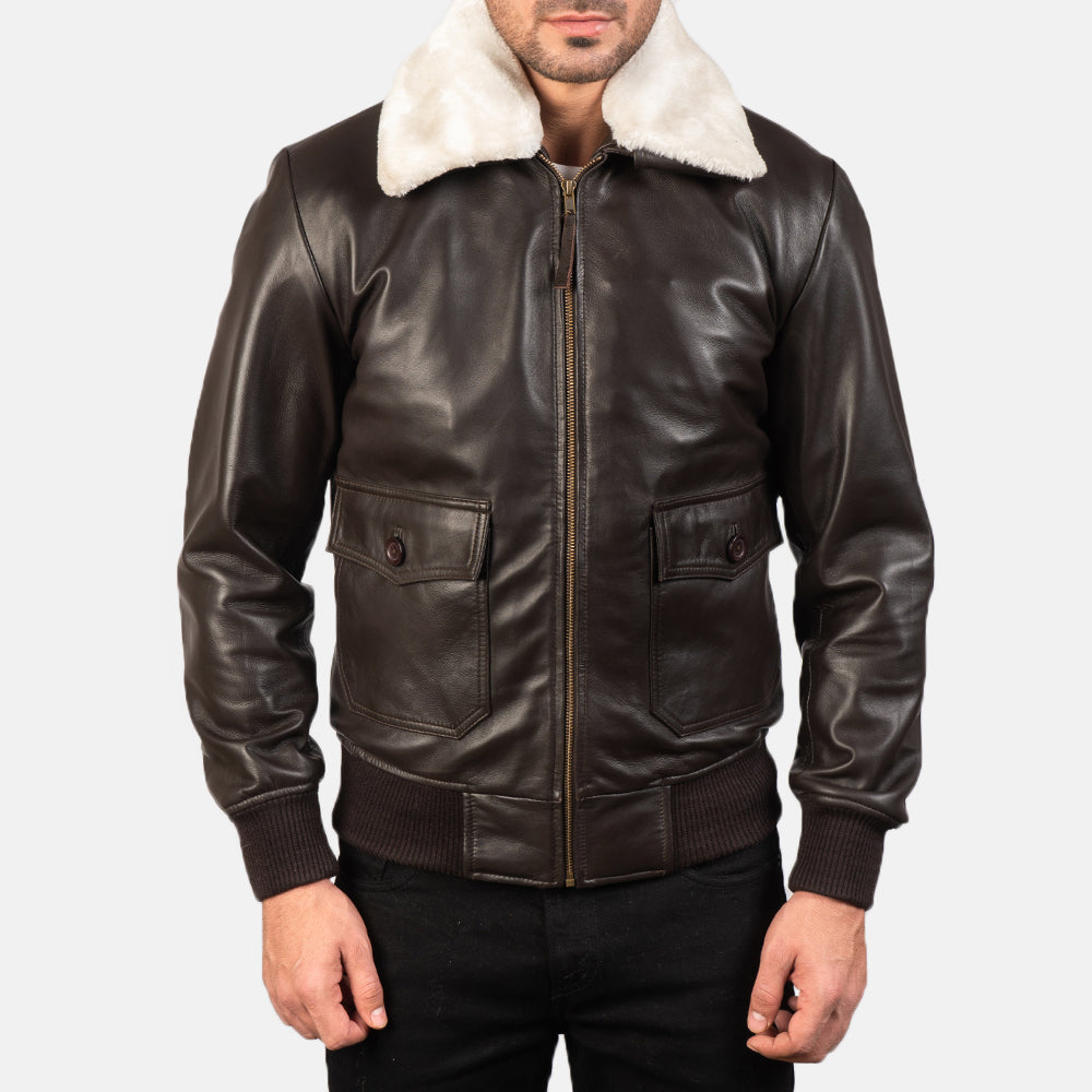Dettaglio ravvicinato of Shirt with Removable Fur &amp; Zipper Hardware on Men's Airin G-1 Marrone Bomber in Pelle da Uomo