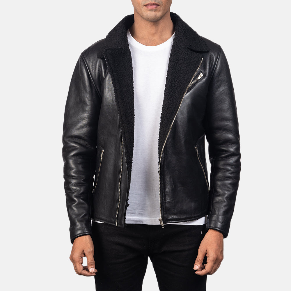 Men's Alberto Shearling Nero Giacca in Pelle da Uomo in Black Sheepskin Leather - Vista frontale e linea su misura | Acquista online