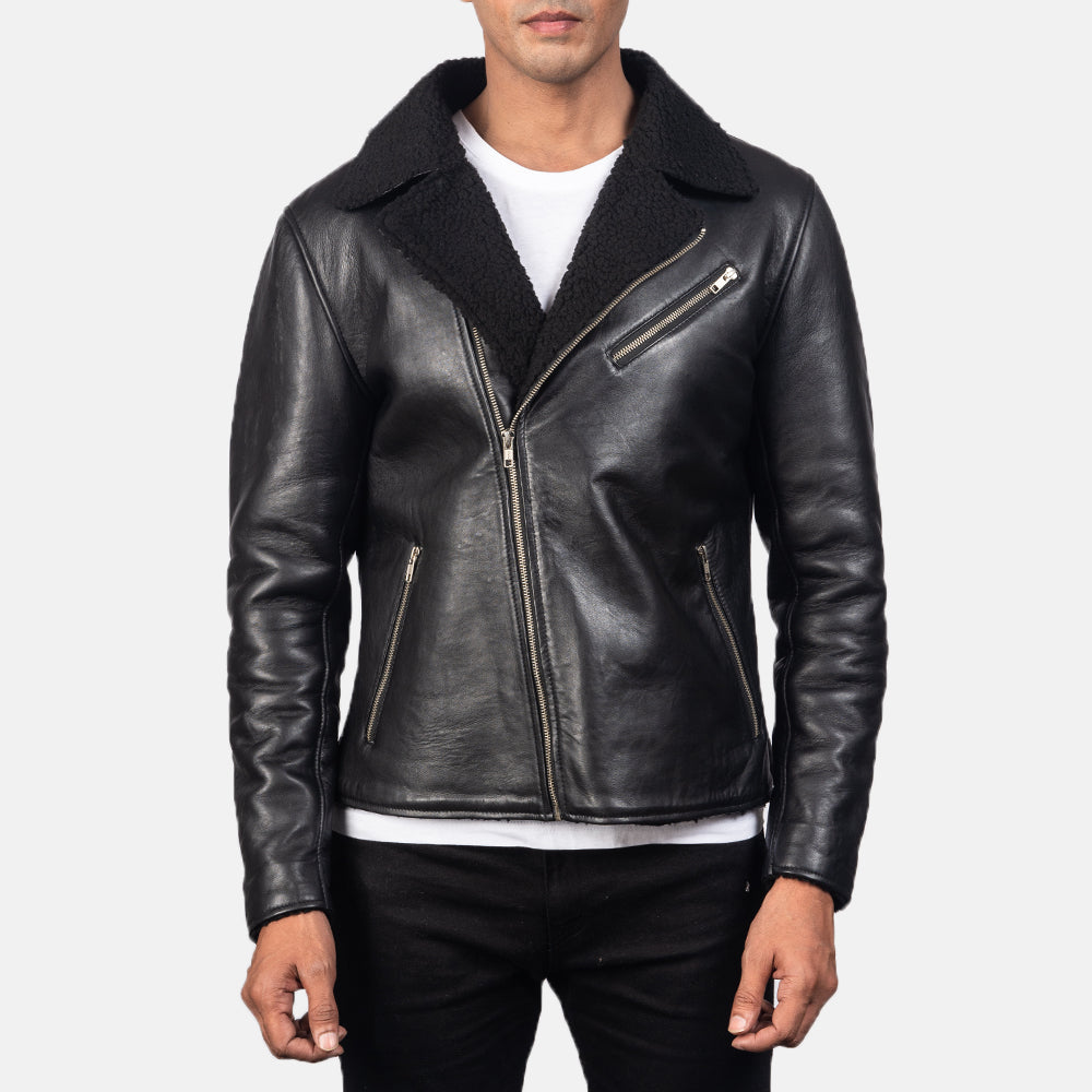 Men's Alberto Shearling Nero Giacca in Pelle da Uomo - Lateral Side Profile View Showing Sleeve Cut &amp; Athletic Taper Fit