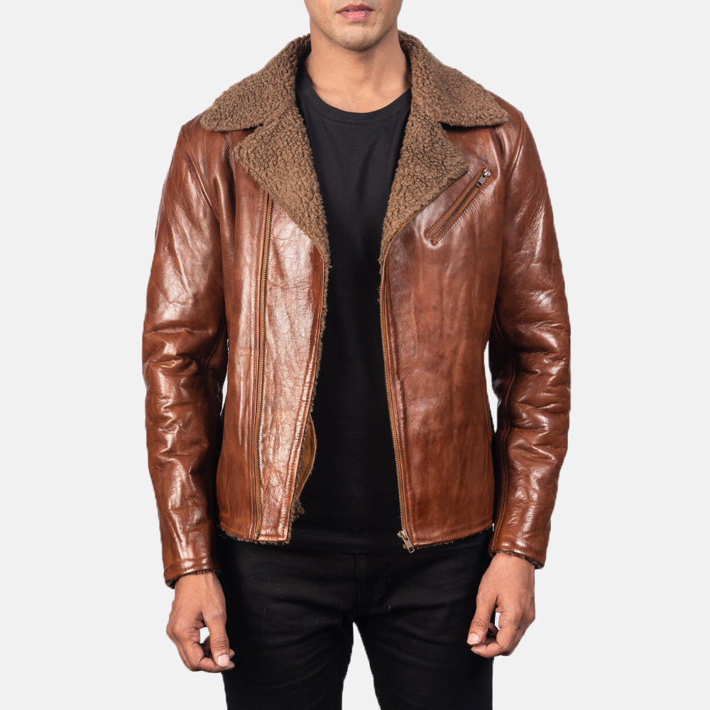 Men's Alberto Shearling Marrone Giacca in Pelle da Uomo in Brown Sheepskin Leather - Vista frontale e linea su misura | Acquista online