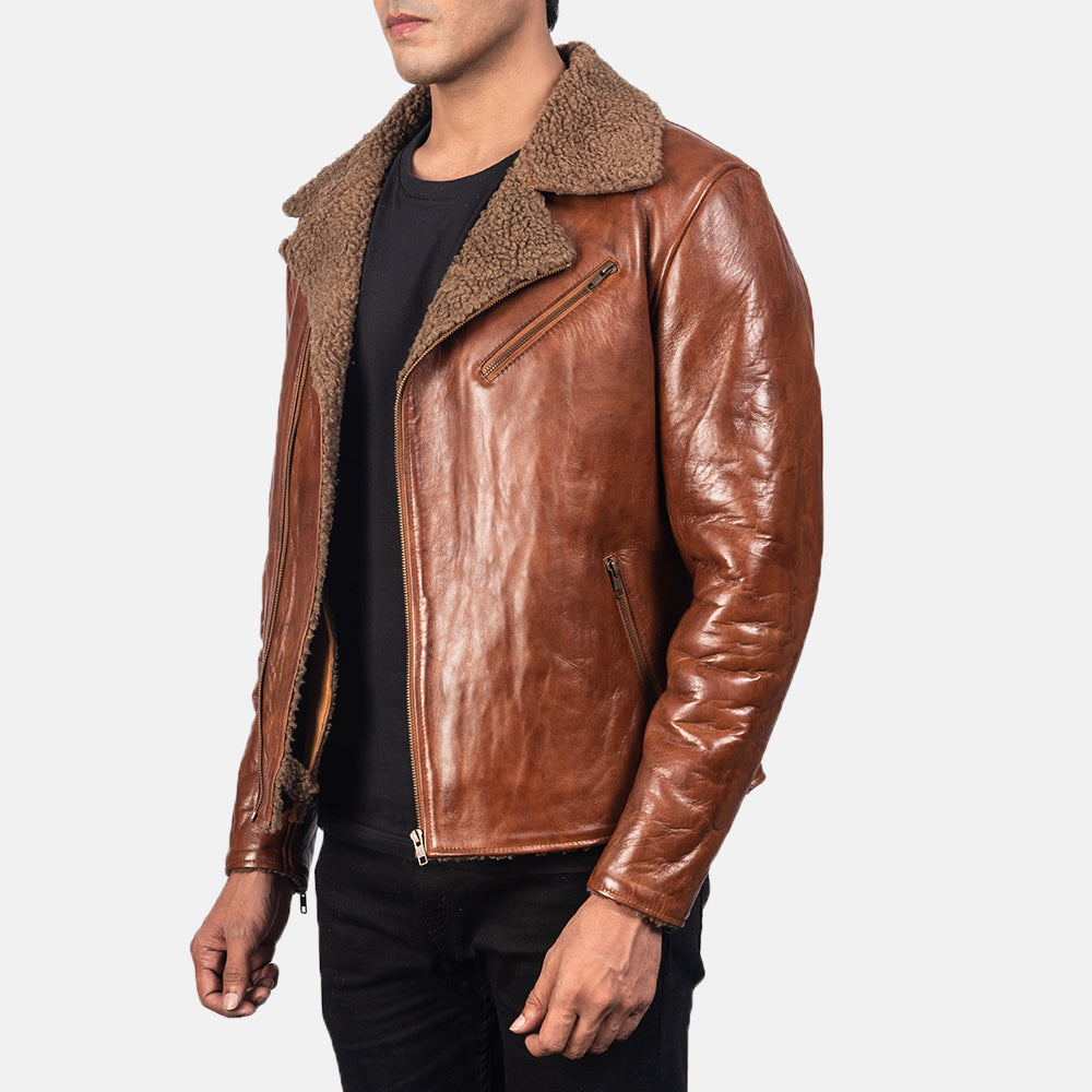 Brown Sheepskin Leather Biker Jacket - Vista posteriore Showing Tailored Shoulder Fit &amp; Clean Hemline
