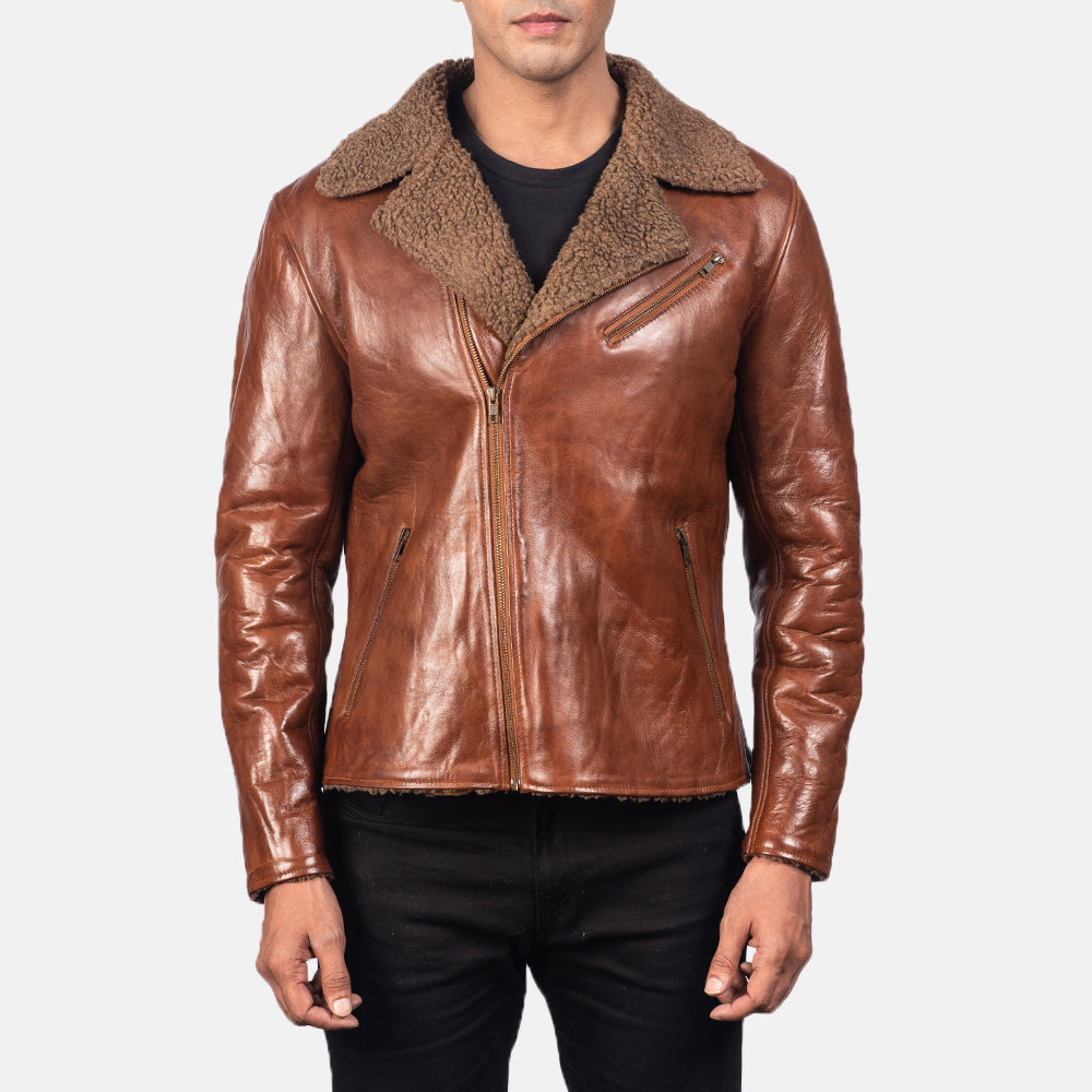 Men's Alberto Shearling Marrone Giacca in Pelle da Uomo - Lateral Side Profile View Showing Sleeve Cut &amp; Athletic Taper Fit