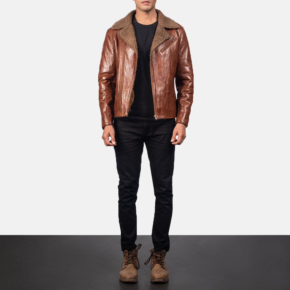 Dettaglio ravvicinato of Notch &amp; Zipper Hardware on Men's Alberto Shearling Marrone Giacca in Pelle da Uomo