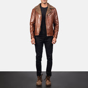 Dettaglio ravvicinato of Notch &amp; Zipper Hardware on Men's Alberto Shearling Marrone Giacca in Pelle da Uomo
