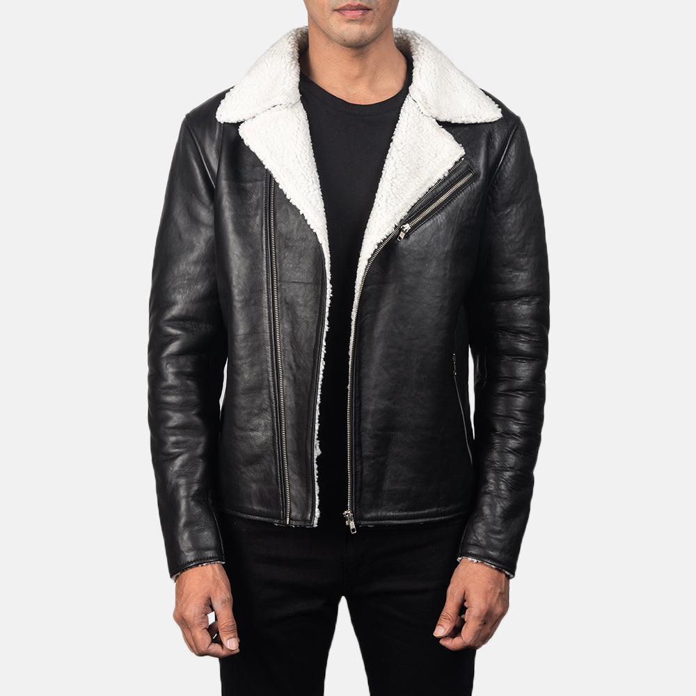 Men's Alberto Bianco Shearling Nero Giacca in Pelle da Uomo in Black Sheepskin Leather - Vista frontale e linea su misura | Acquista online