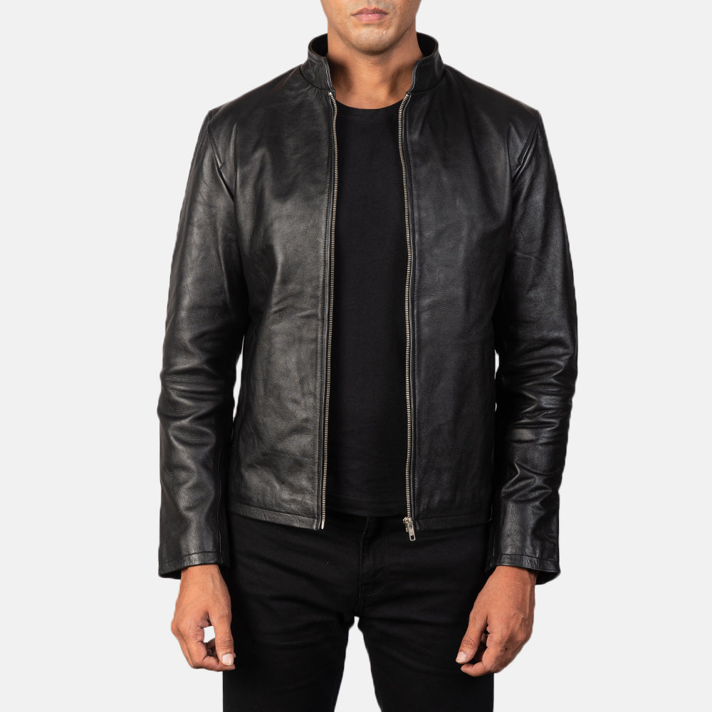Men's Alex Black Leather Biker Jacket in Black Cowhide Leather - Vista frontale e linea su misura | Acquista online