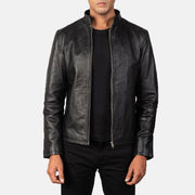 Men's Alex Black Leather Biker Jacket in Black Cowhide Leather - Vista frontale e linea su misura | Acquista online