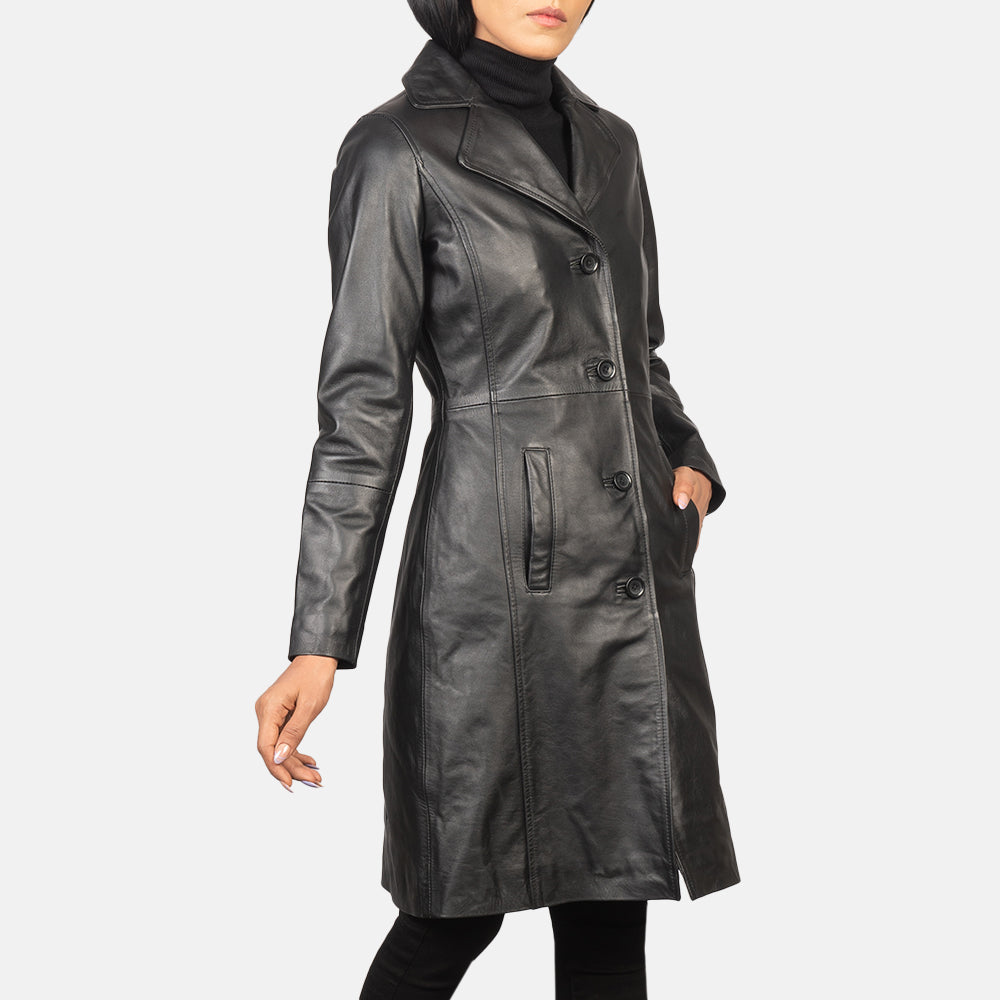 Close-Up Detail of Notch & Buttons Hardware on Women's Alexis Black Single Breasted Leather Coat