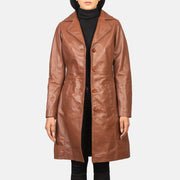 Women's Alexis Marrone Single Breasted Cappotto in Pelle da Donna in Brown Cowhide Leather - Vista frontale e linea su misura | Acquista online
