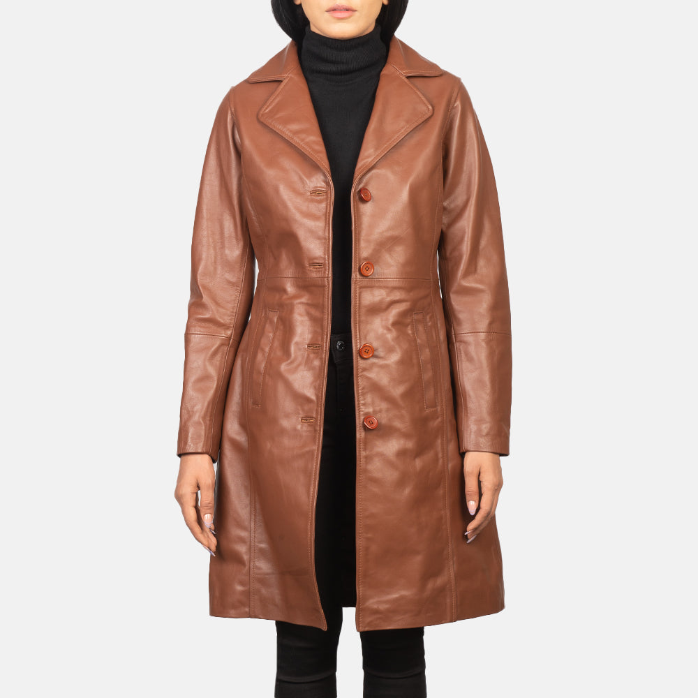 Women's Alexis Brown Single Breasted Leather Coat in Brown Cowhide Leather - Front Profile View & Tailored Silhouette | Buy Online