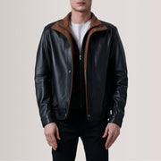 Alfred Brown Leather Bomber Jacket For Men in Brown Sheepskin Leather - Vista frontale e linea su misura | Acquista online