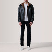 Brown Sheepskin Leather Bomber Jacket - Vista posteriore Showing Tailored Shoulder Fit &amp; Clean Hemline