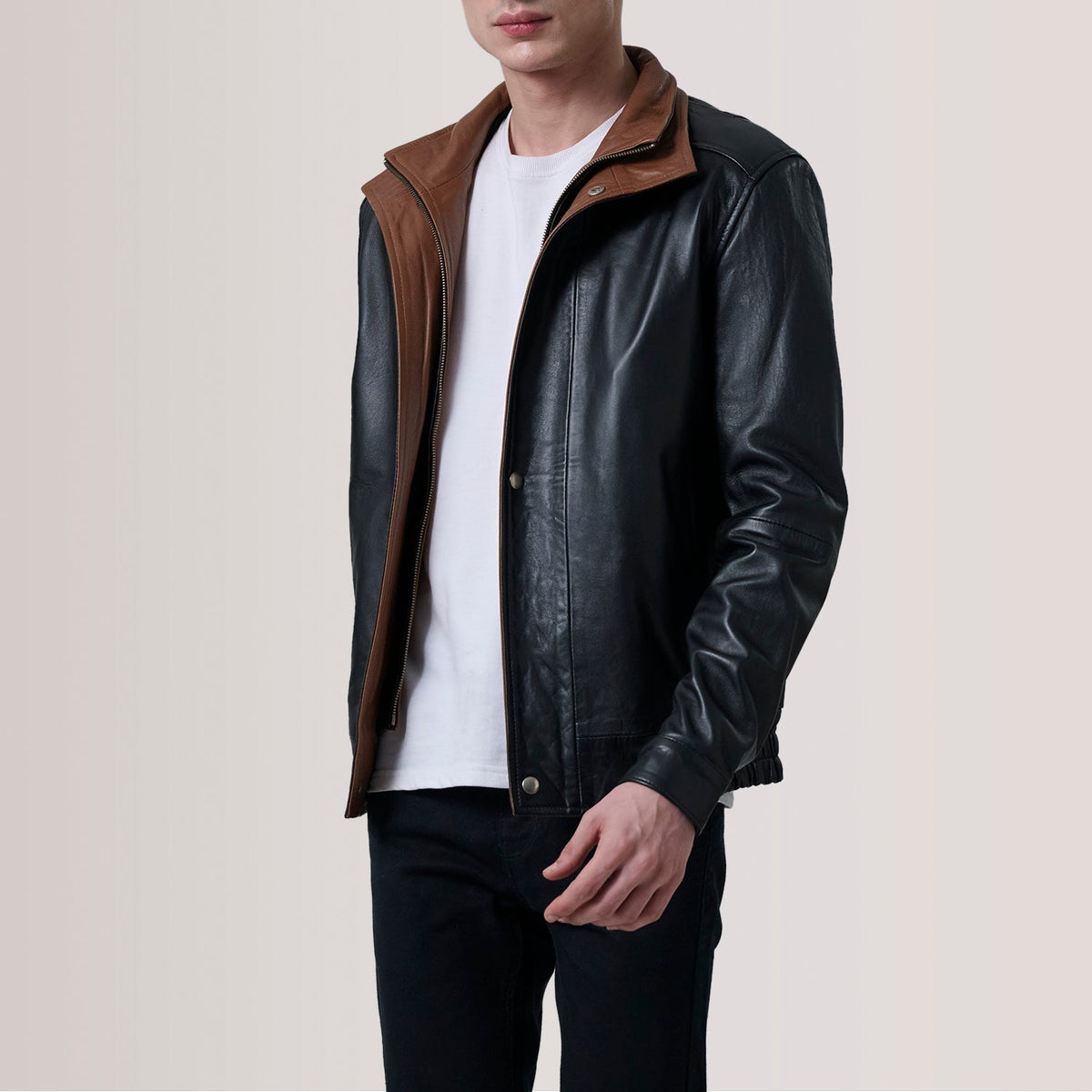 Close-Up Detail of Shirt & Zipper with placket Hardware on Alfred Brown Leather Bomber Jacket For Men