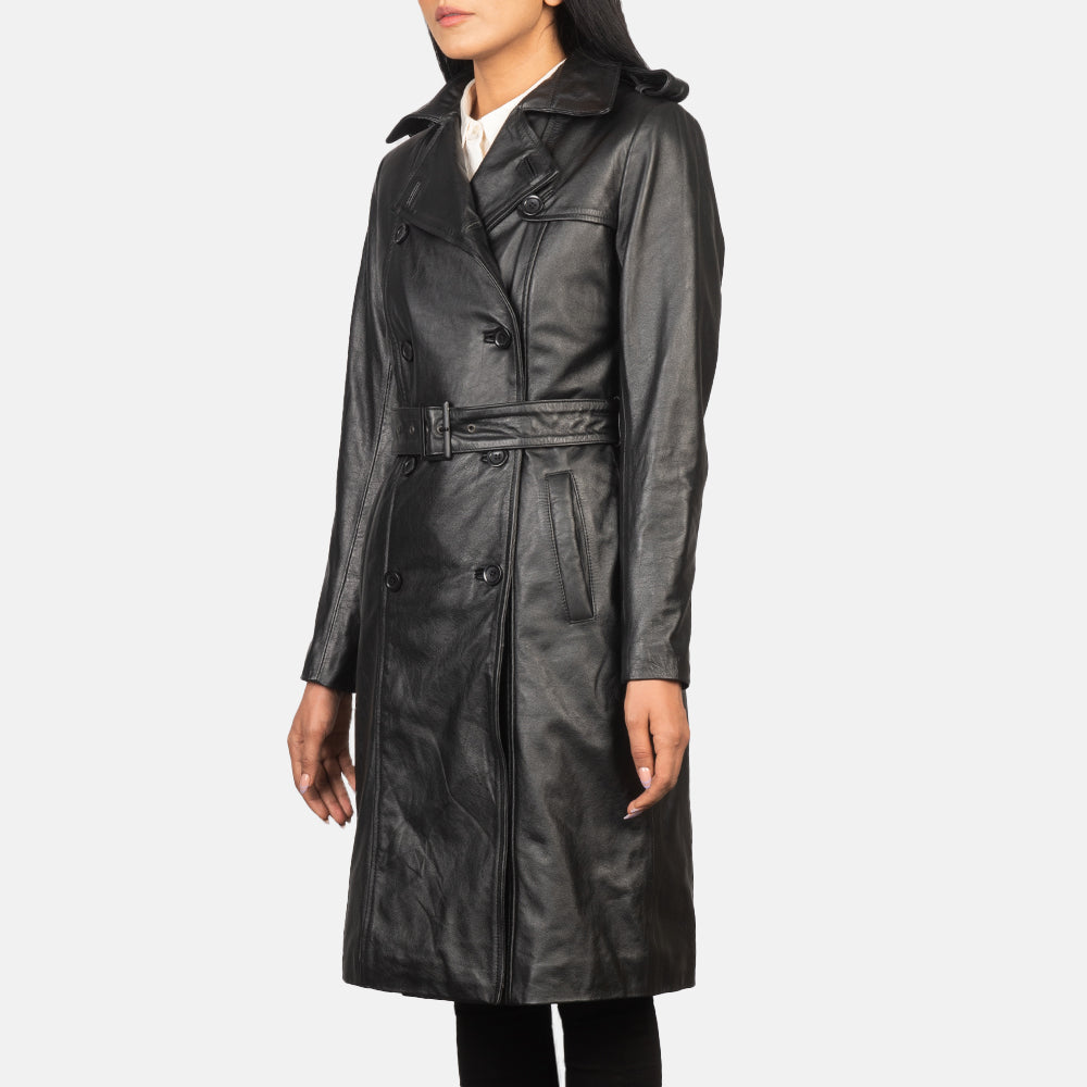 Black Cowhide leather Coat - Vista posteriore Showing Tailored Shoulder Fit &amp; Clean Hemline