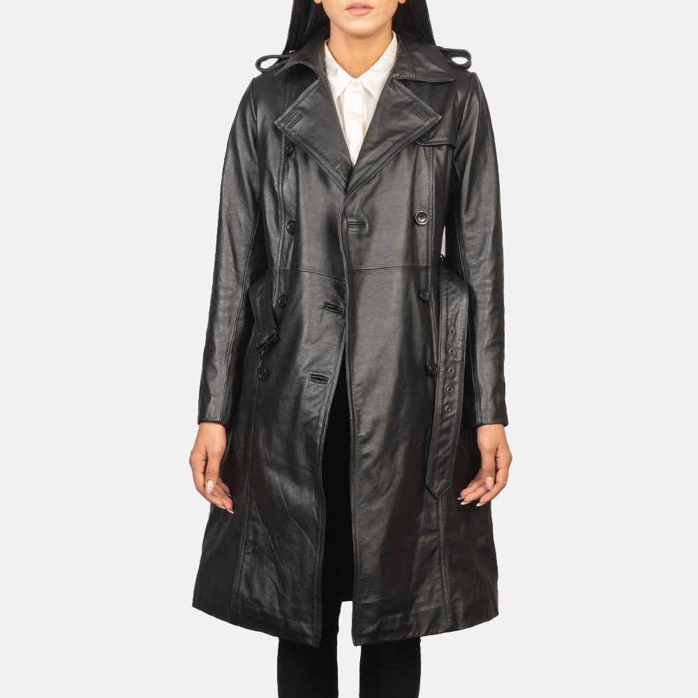 Women's Alice Black Double Breasted Leather Coat - Lateral Side Profile View Showing Sleeve Cut & Athletic Taper Fit