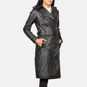 Dettaglio ravvicinato of Notch &amp; Buttons Hardware on Women's Alice Black Double Breasted Leather Coat