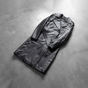 Open Hem &amp; Hem Craftsmanship Construction Detail on Women's Alice Black Double Breasted Leather Coat