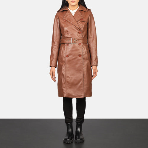 Women's Alice Brown Double Breasted Leather Coat in Black Cowhide Leather - Front Profile View & Tailored Silhouette | Buy Online