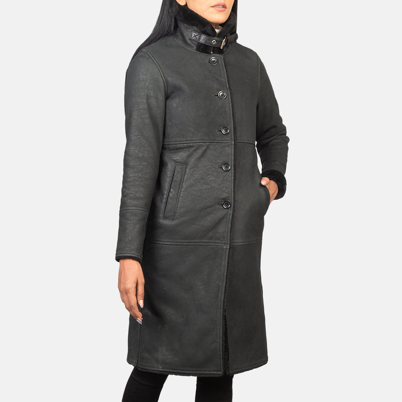 Alina Shearling Nero Cappotto in Pelle da Donna