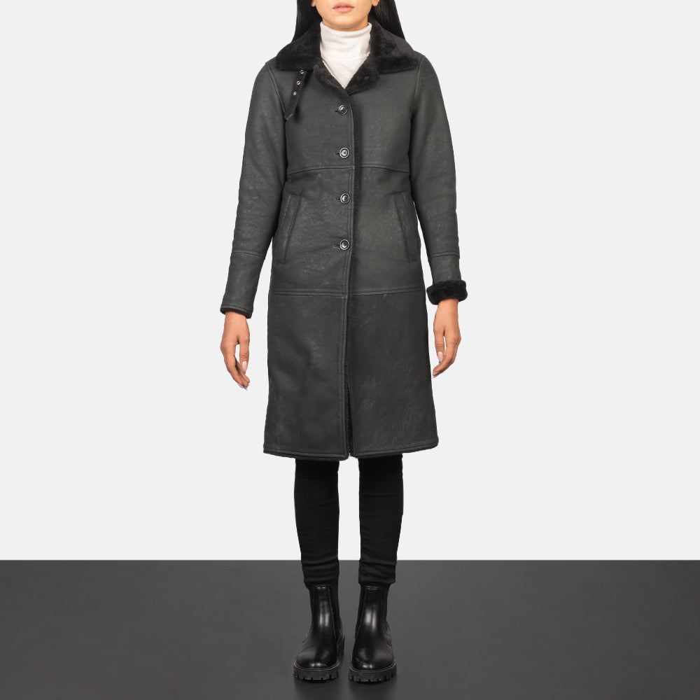 Women's Alina Shearling Black Leather Coat - Lateral Side Profile View Showing Sleeve Cut & Athletic Taper Fit