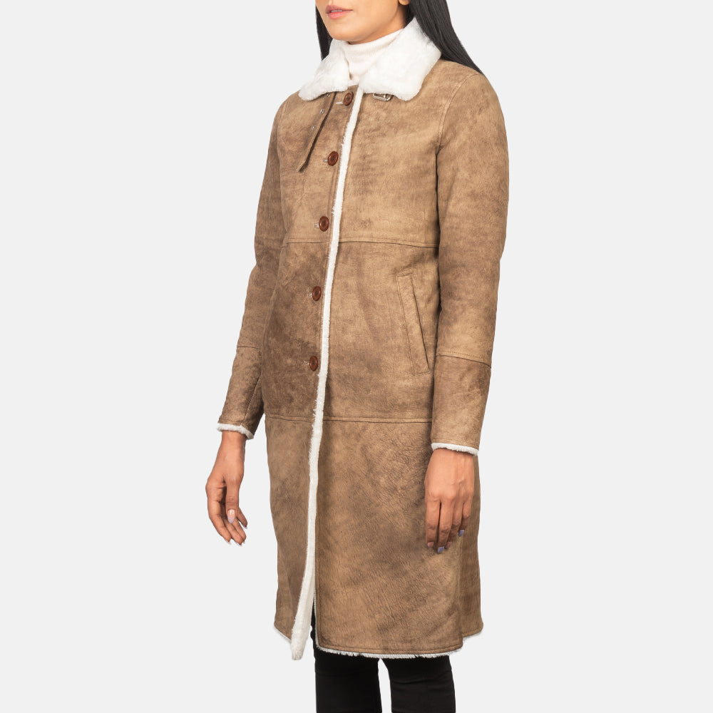 Women's Alina Shearling Marrone Cappotto in Pelle da Donna in Distressed Brown Sheepskin Leather - Vista frontale e linea su misura | Acquista online