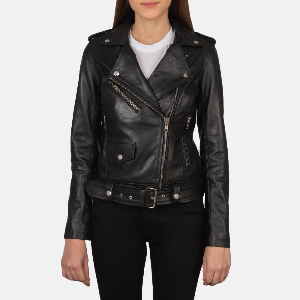 Women's Alison Nero Giacca Biker in Pelle da Donna in Black Cowhide Leather - Vista frontale e linea su misura | Acquista online
