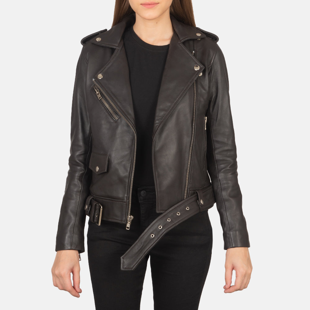 Women's Alison Marrone Giacca Biker in Pelle da Donna in Brown Sheepskin Leather - Vista frontale e linea su misura | Acquista online