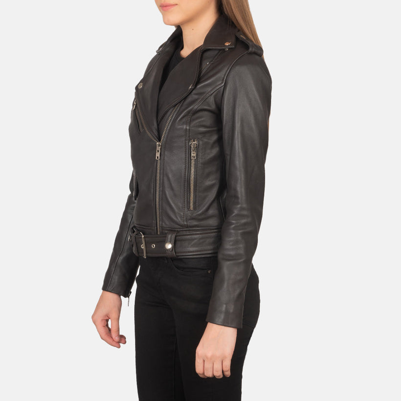 Alison Marrone Giacca Biker in Pelle da Donna
