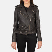 Dettaglio ravvicinato of Notch &amp; Zipper Hardware on Women's Alison Marrone Giacca Biker in Pelle da Donna