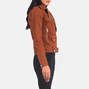 Brown Goatskin Suede Biker Jacket - Vista posteriore Showing Tailored Shoulder Fit &amp; Clean Hemline