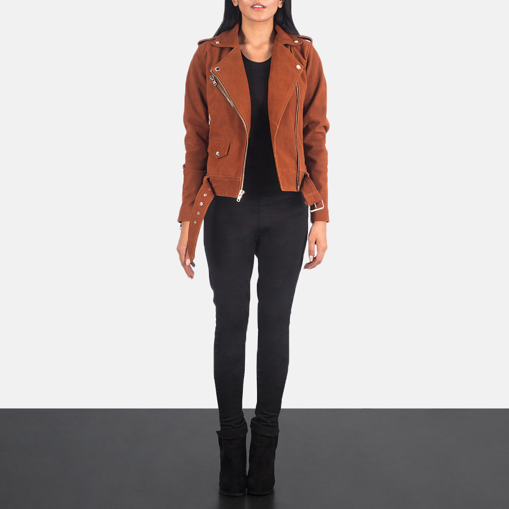 Women's Alison Marrone Suede Giacca Biker in Pelle da Donna - Lateral Side Profile View Showing Sleeve Cut &amp; Athletic Taper Fit