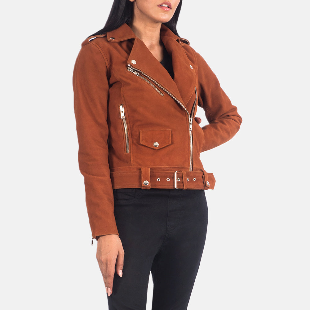 Dettaglio ravvicinato of Notch &amp; Zipper Hardware on Women's Alison Marrone Suede Giacca Biker in Pelle da Donna