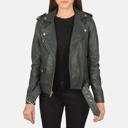 Women's Alison Verde Giacca Biker in Pelle da Donna in Green Sheepskin Leather - Vista frontale e linea su misura | Acquista online
