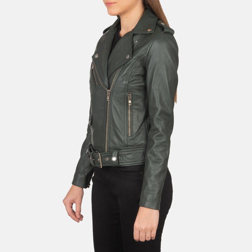 Alison Verde Giacca Biker in Pelle da Donna