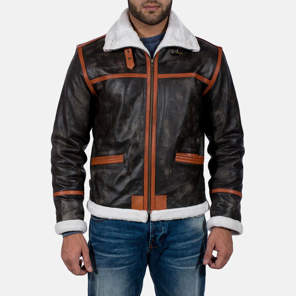 Men's Alpine Marrone Fur Giacca in Pelle da Uomo in Distressed Brown Goatskin Leather - Vista frontale e linea su misura | Acquista online