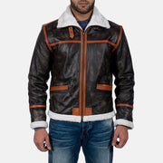 Men's Alpine Marrone Fur Giacca in Pelle da Uomo in Distressed Brown Goatskin Leather - Vista frontale e linea su misura | Acquista online