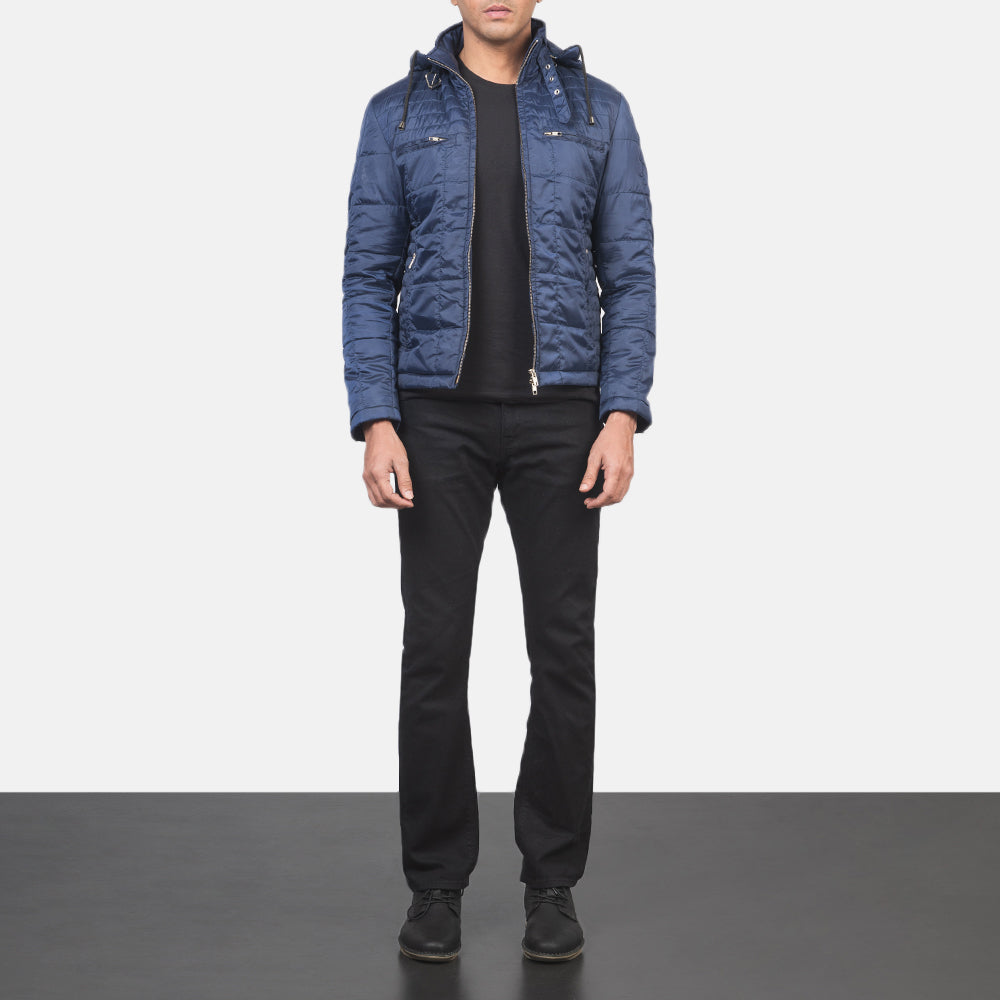 Dettaglio ravvicinato of High neck with Belt &amp; Zipper Hardware on Men's Alps Quilted Blue Windbreaker Jacket