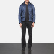 Dettaglio ravvicinato of High neck with Belt &amp; Zipper Hardware on Men's Alps Quilted Blue Windbreaker Jacket