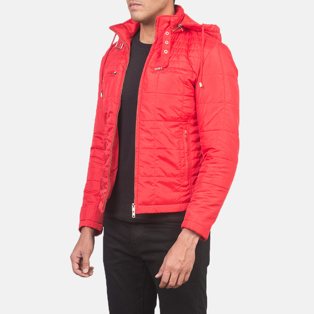 Red Nylon Winter Jacket - Vista posteriore Showing Tailored Shoulder Fit &amp; Clean Hemline