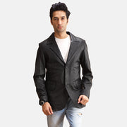 Alyson Nero Blazer in Pelle in Pelle da Uomo in Black Sheepskin Leather - Vista frontale e linea su misura | Acquista online